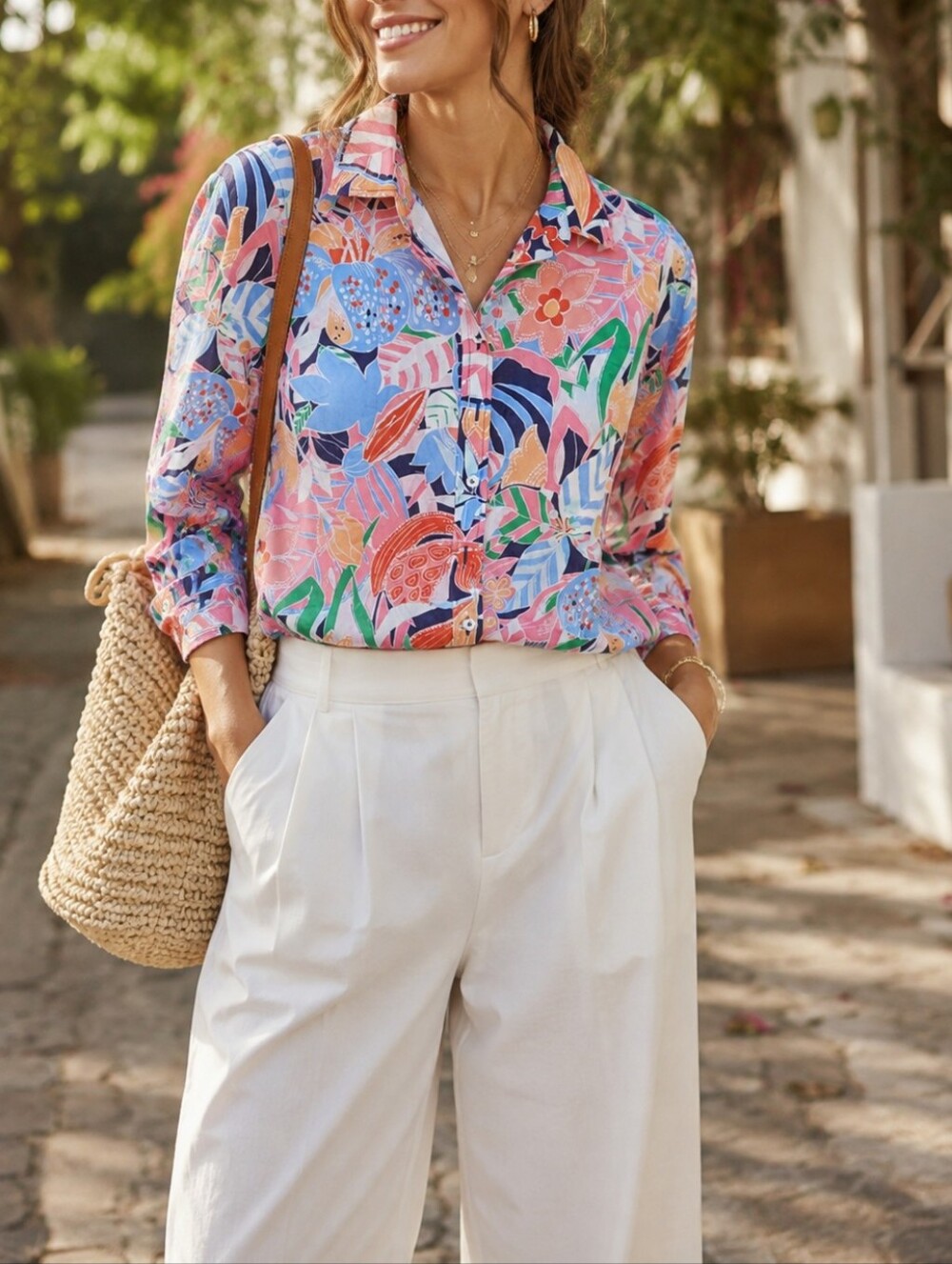 Talbots 100% Cotton Multicolor Tropical Floral Button-Up Shirt Long Sleeve